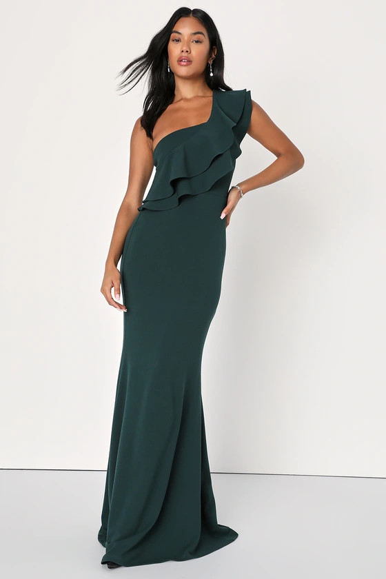Emerald Ruffled One-Shoulder Mermaid Maxi Dress | Emerald Green Dress | Dark Green Dress | Lulus (US)