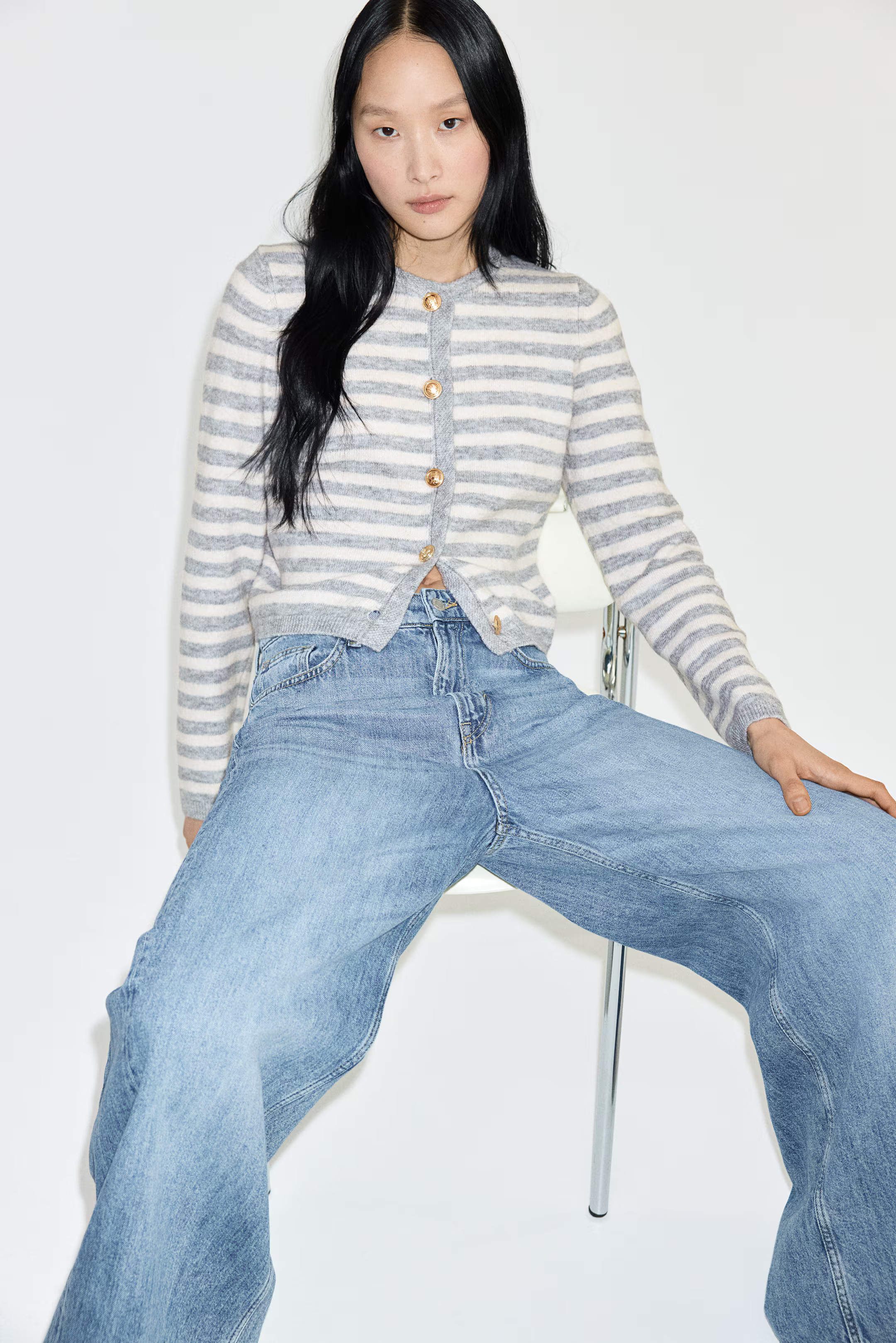 Fitted Cardigan - Light gray melange/striped - Ladies | H&M US | H&M (US + CA)