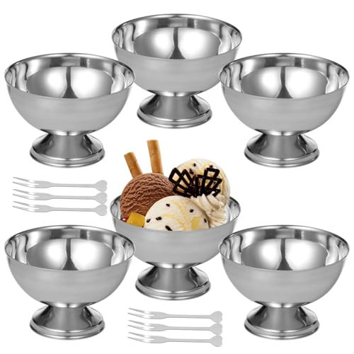 Skdqiee Stainless Steel Ice Cream Cup, 200ml Stainless Steel Ice Cream Bowl with Forks, 6 Pcs Silver Ice Cream Bowls, Silver Coupe Glasses for Sundae Fruit Ice Cream Pudding Sauce, Dishwasher Safety | Amazon (US)