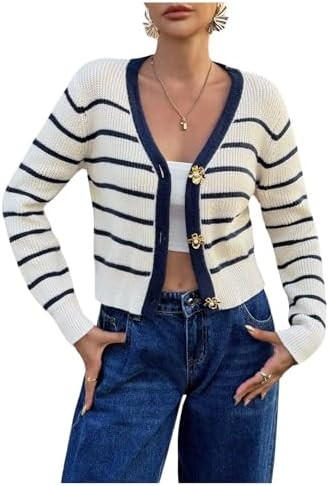 Milumia Women's Striped Button Up Cardigan Sweater Metal Decor Long Sleeve Rib Knit Fitted Crop T... | Amazon (US)