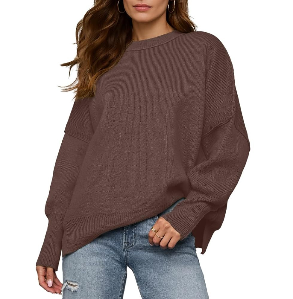 Womens Crewneck Batwing Long Sleeve Sweaters Fall 2025 Oversized Side Slit Ribbed Knit Sweaters P... | Amazon (US)