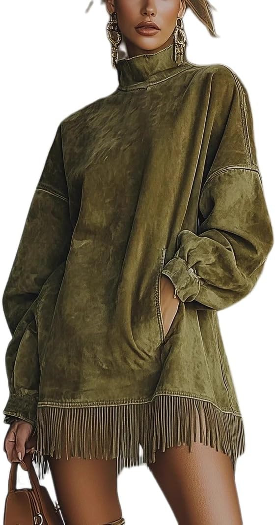Apvirdy Womens Faux Suede Tassel Mini Dress Vintage High Neck Velvet Dresses Loose Pocket Long Sl... | Amazon (US)