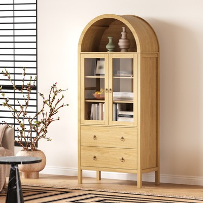 71" Arched Storage Cabinet with Glass Doors, Farmhouse Pantry with 2 Drawers & Adjustable Shelves, for Dining Room, Living Room, Office - Natural | Target