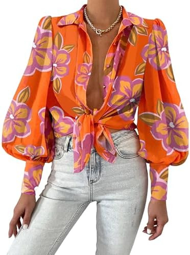 BTFBM Women Fashion Button Down Shirts 2026 V Neck Boho Printed Long Sleeve Blouses Dressy Casual... | Amazon (US)