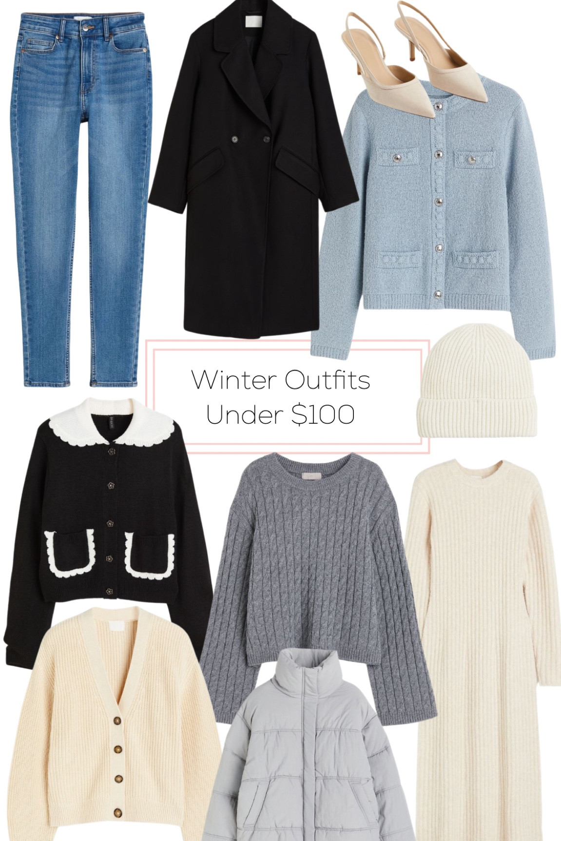 Winter outfits under $100. Winter coat. Sweater dress. Sweaters. 
.
.
.
… 

#LTKfindsunder50 #LTKstyletip #LTKfindsunder100