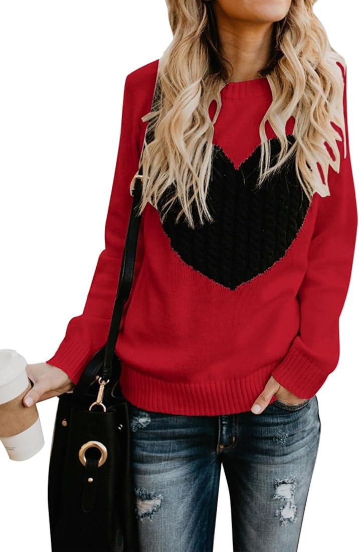 Alsol Lamesa Women Sweaters Heart Front Crew Neck Long Sleeve Knitted Pullover Sweater | Amazon (US)