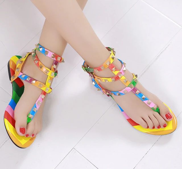 Rainbow Studded Strappy Gladiator Sandals Ankle Strap Flat Flip Flop Women Shoes  Beach Red Punk ... | AliExpress (US)