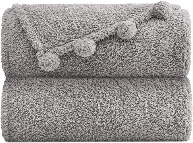 Sherpa Throw Blanket for Couch - 50x60, Grey with Pom Poms - Fuzzy, Fluffy, Plush, Soft, Cozy, Wa... | Amazon (US)