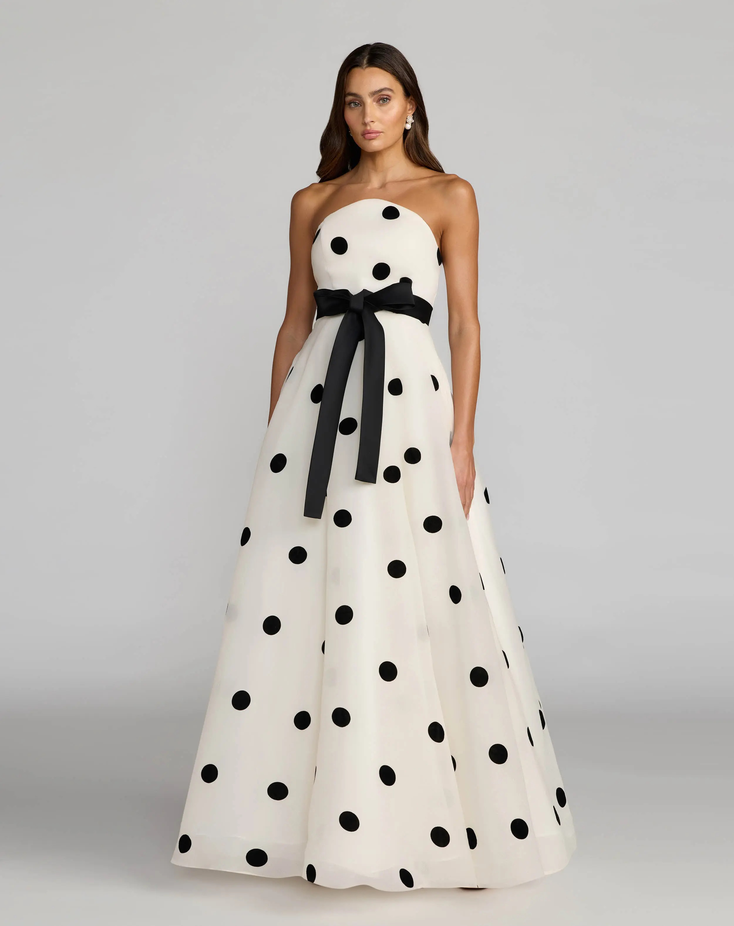 White Strapless Polka Dot Organza Gown With Satin Bow | Mac Duggal | Mac Duggal
