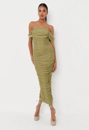 Missguided - Khaki Mesh Ruched Bardot Midaxi Dress | Missguided (UK & IE)