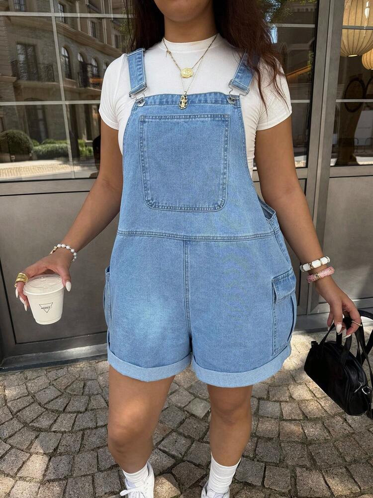 Plus-Size Women's Blue Retro Jumpsuit, Street-Style Preppy Denim Overalls Shorts, New Year's Outfit | SHEIN