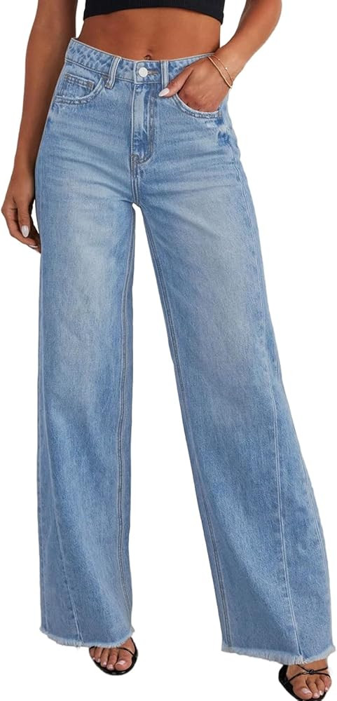 Sidefeel Women's Wide Leg Jeans High Waisted Strechy Raw Hem Zimbaplatinum Denim Pants | Amazon (US)