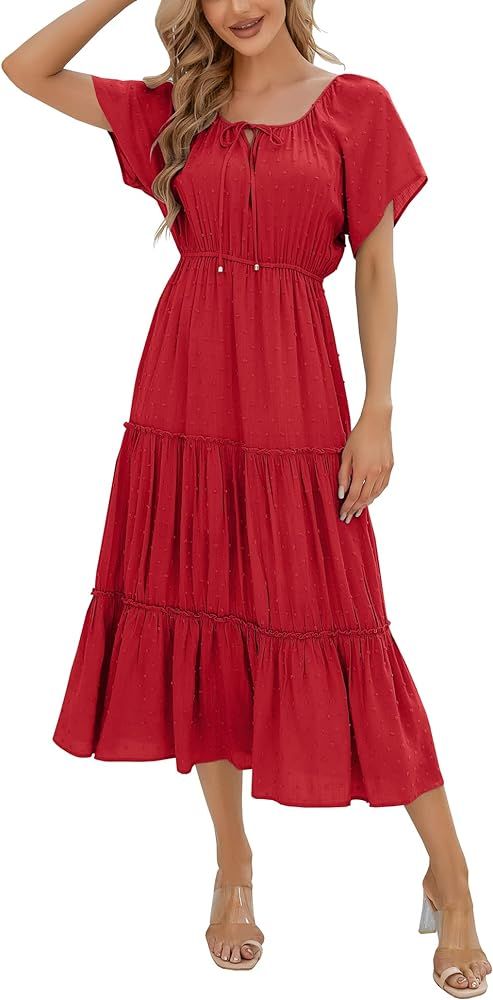 Womens Summer Self Tie Square Neck Boho Midi Dress Swiss Dot Flutter Sleeve Flowy Tiered Dresses | Amazon (US)