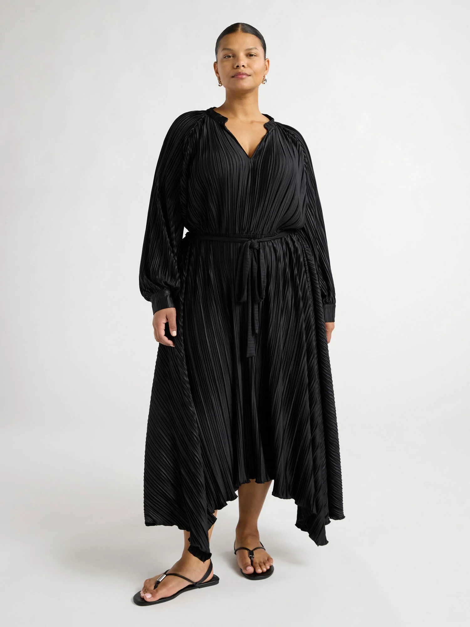 Scoop Women’s and Women's Plus Pleated Handkerchief Hem Dress with Long Sleeves, Sizes XS-4X | Walmart (US)