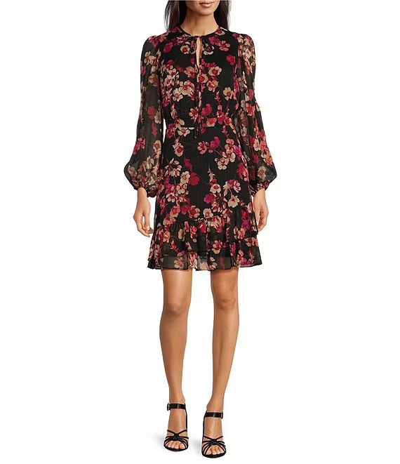 Floral Long Sleeve Mock Neck Ruffle Hem Chiffon Short Dress | Dillard's