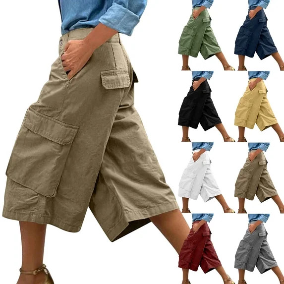 Women's High Waisted Cargo Capris Pants Trousers Bottoms H-Line Regular Fit with Pockets Solid Co... | Walmart (US)