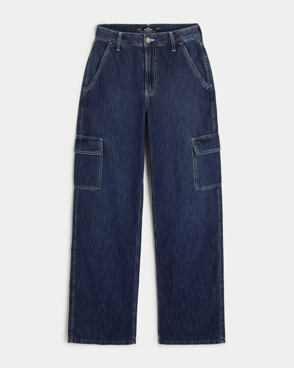 Ultra High-Rise Dark Wash Cargo Baggy Jeans | Hollister (US)
