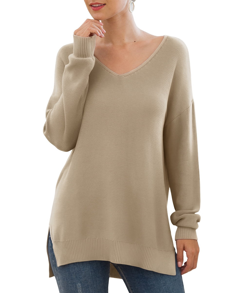JWD Women's V-Neck Long Sleeve Side Split Loose Casual Knit Pullover Sweater Blouse Khaki-Medium | Walmart (US)