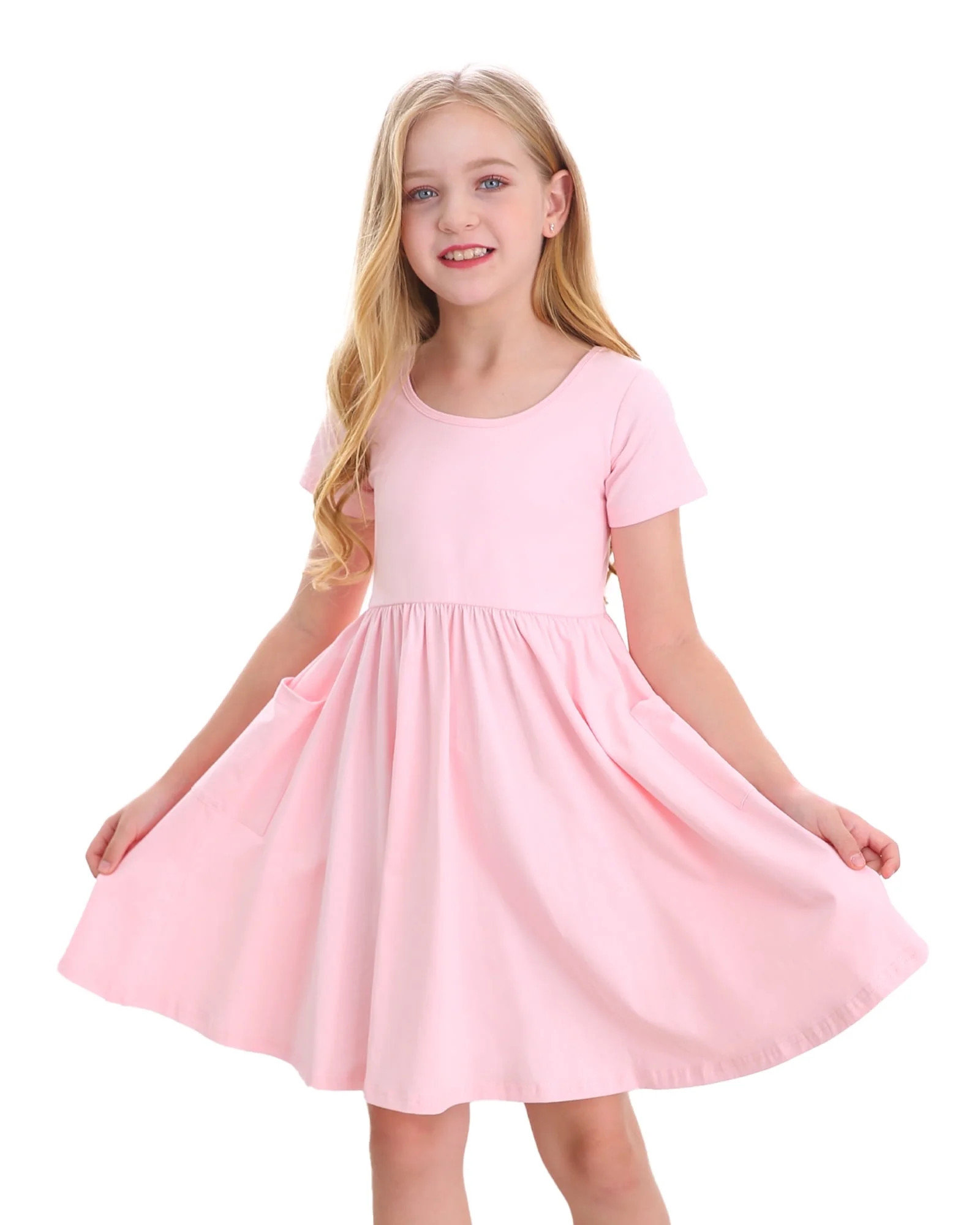 Stelle Casual Sundress Short Sleeve A-Line Twirly Skirt Skater with Pockets High Waisted Knee Len... | Walmart (US)
