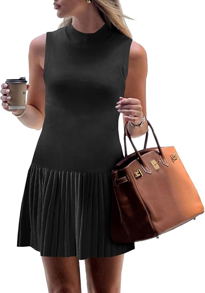 Wenrine Womens Sleeveless Summer Mini Dress Mock Neck Ribbed Knit Ruffle Pleated Casual Tank Dres... | Amazon (US)