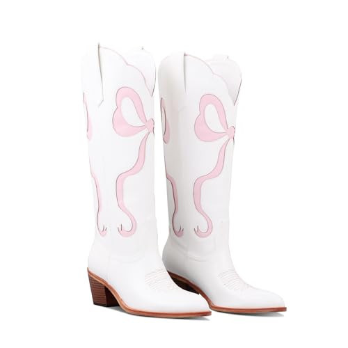 LingxiaUne Western Cowboy Boots - White Cowboy Boots with Pink Bow Mid Calf Cowgirl Boot for Women Comfortable Chunky Heel Ideal for Country Night Party Size 11 | Amazon (US)