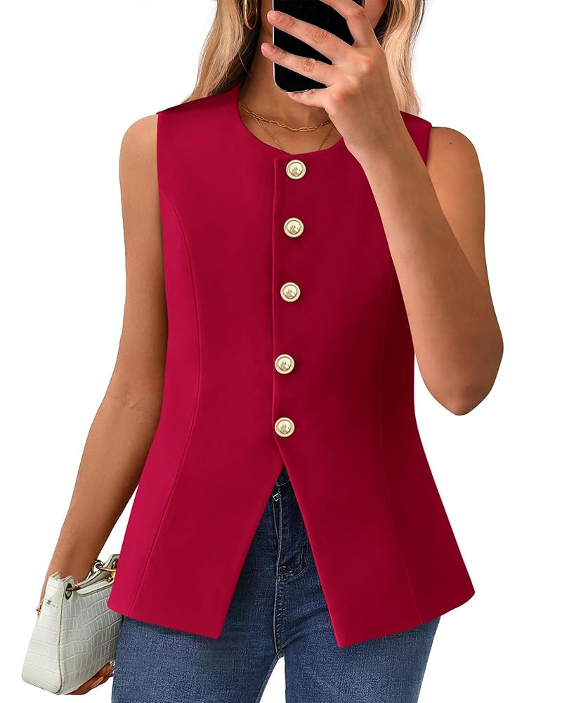 BTFBM Summer Sleeveless Blazer Vest For Women Dressy Button Down Round Neck Business Casual Outfi... | Amazon (US)