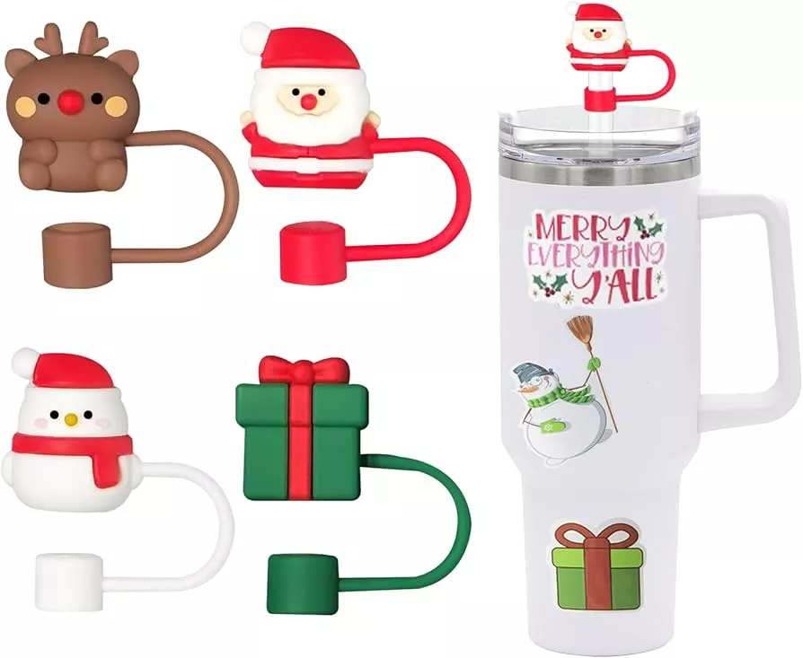 8 PCS Christmas Straw Cover Caps, Christmas Theme Straw Cover Cap for  Stanley 30&40 Oz Tumbler, Reusable Silicone Straw Toppers Cute Straw Caps  for