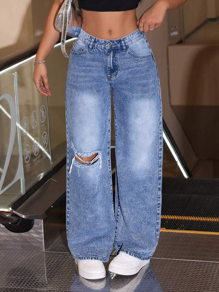 SHEIN ICON B Distressed & Water Washed Straight Jeans | SHEIN