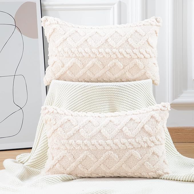 MADIZZ Set of 2 Soft Plush Fuzzy Short Wool Fleece Throw Pillow Covers 12x20 inch Beige Rectangul... | Amazon (US)