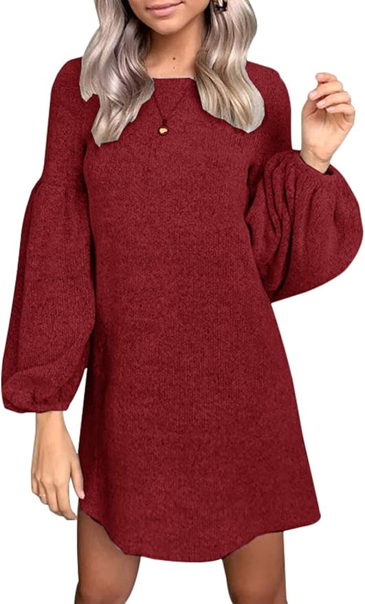 Just For Future Womens Casual Round Neck Puff Sleeve Solid Pullover Sweater Dress Knitted Dress | Amazon (US)