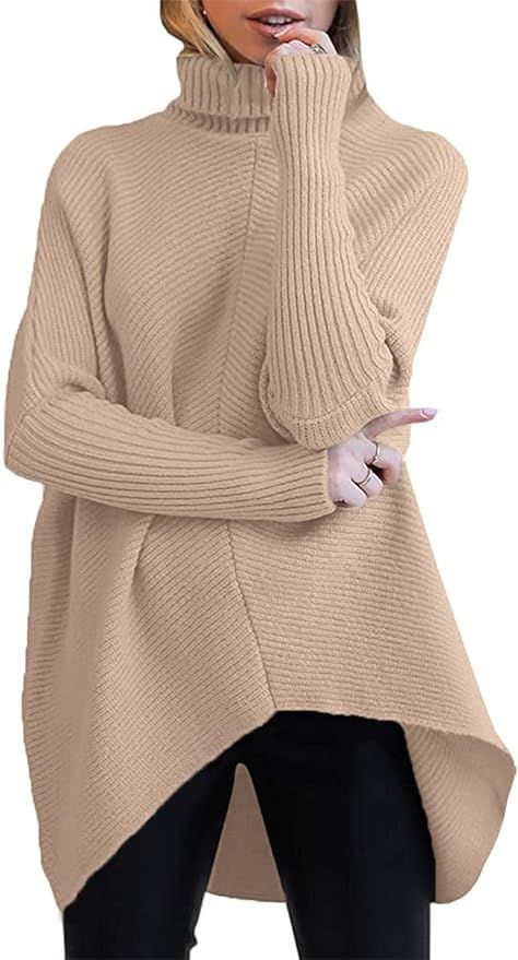 ANRABESS Womens Turtleneck Long Batwing Sleeve Asymmetric Hem Casual Pullover Sweater Knit Tops | Amazon (US)