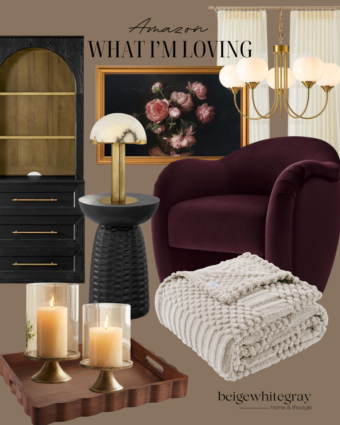 Amazon home decor, Amazon finds, Amazon home finds, affordable home decor, cozy home decor, moody home decor, burgundy accent chair, black cabinet, marble table lamp, gold chandelier, floral wall art, decorative candles, wood serving tray, neutral throw blanket, living room inspiration, cozy living room, traditional home decor, elegant home styling, fall home decor, home decorating ideas

#LTKHome
