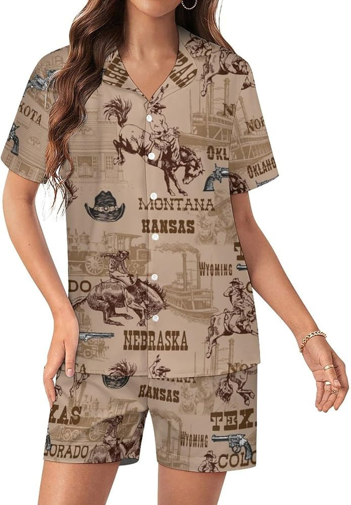 Wild West Rodeo Cowboys Womens Pajamas Shorts Set Two-piece Pj Sets Short Sleeve | Amazon (US)