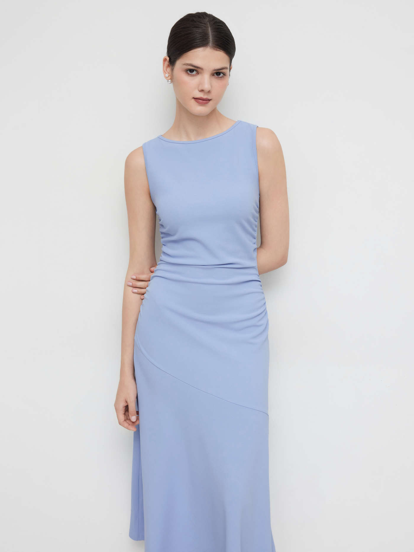 Boat Neck Solid Ruffle Ruched Maxi Dress | Cider