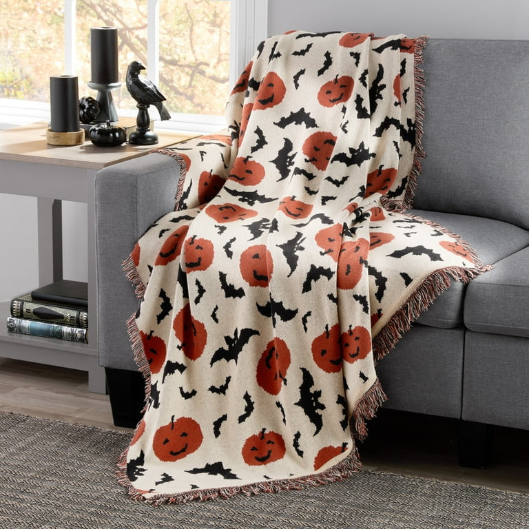 Way To Celebrate Halloween Soft Touch Multicolor Pumpkins & Bats Cotton-Blend Jacquard Knitted Ta... | Walmart (US)