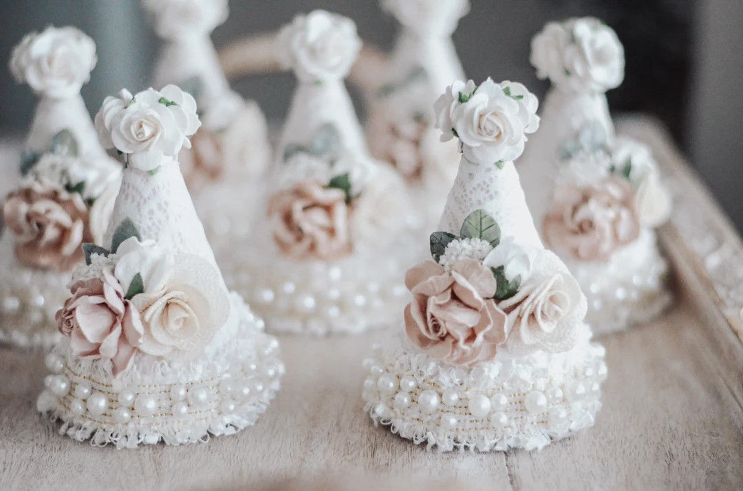 Floral birthday hat, blush cream ivory greenery lace first birthday headband, cake smash photosho... | Etsy (US)