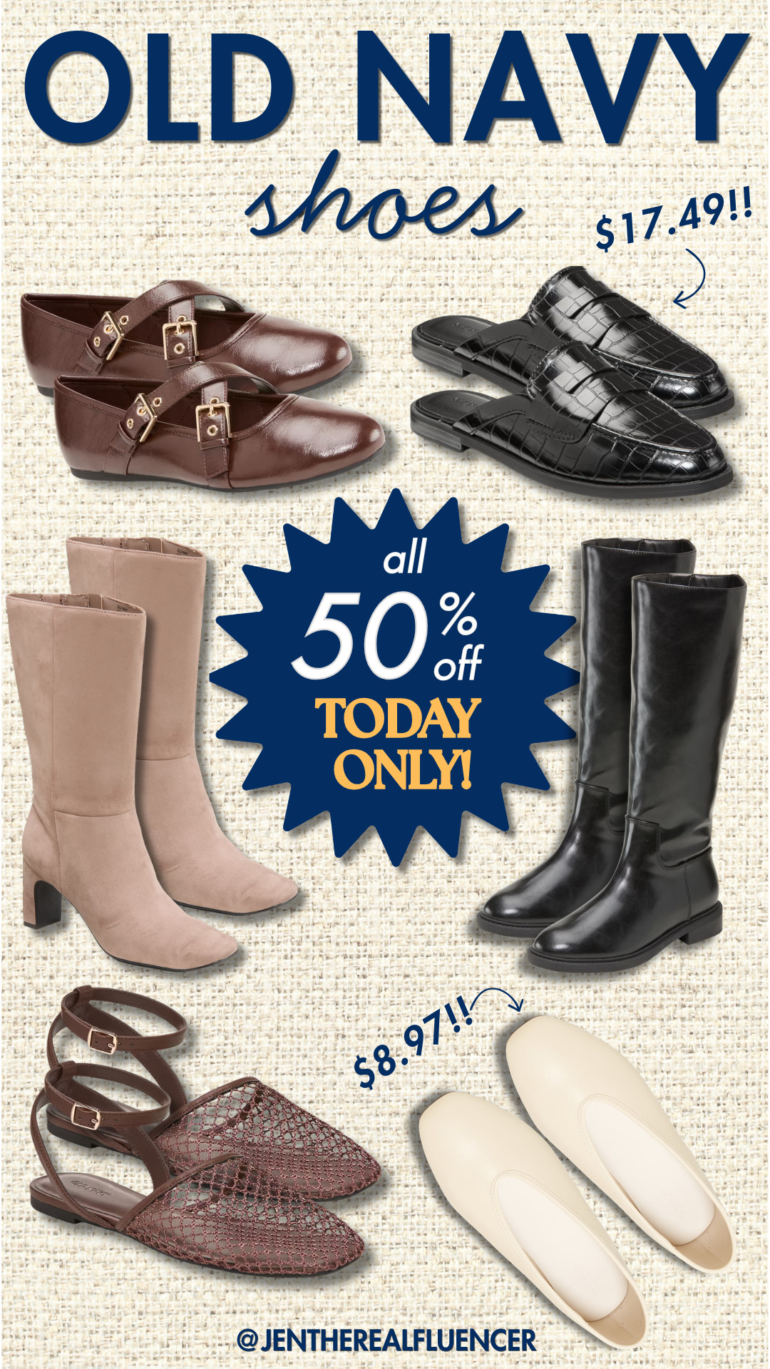50% ALL Shoes at Old Navy TODAY (8/13) ONLY!

Coco De Mer Buckle-Strap Mary Jane Ballet Flats (2 colors, sizes 6-11), Black Crocodile Loafer Mules (5 colors, sizes 6-11), Chocolate Malted Mid-Calf Square-Toe Boots (2 colors, sizes 6-11), Blackjack Mid-Calf Riding Boots (2 colors, sizes 6-11), Peppercorn Raffia Slingback Flats (2 colors, sizes 6-11), Butter V-Cut Ballet Flats (4 colors, sizes 6-11) 

 #LTKSaleAlert #LTKWorkwear #LTKTravel