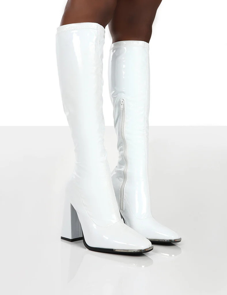 Caryn White Patent Wide Fit Knee High Block Heeled Boots | Public Desire (US & CA)