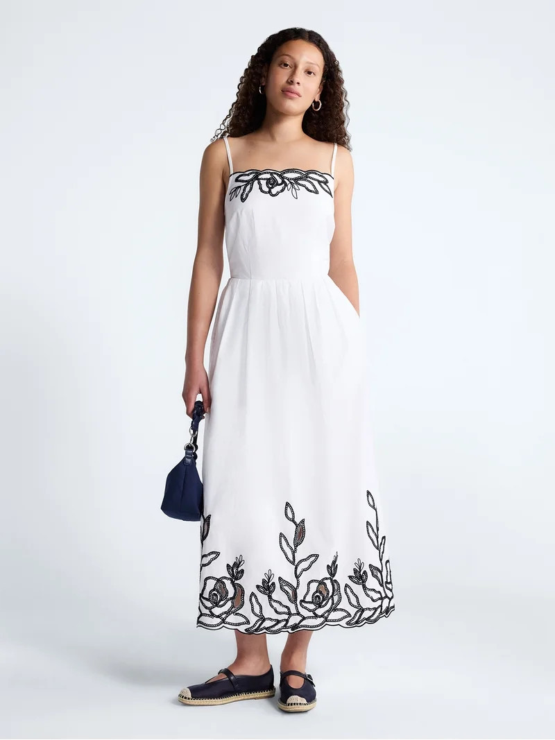 Free Assembly Women's and Women's Plus Embroidered Cotton Midi Dress, Sizes XS-4X | Walmart (US)