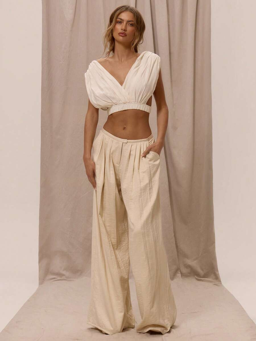 MUSERA Tailored Low Rise Extreme Pleat Detail Wide Leg Trousers Spring Summer Vacation Holiday El... | SHEIN