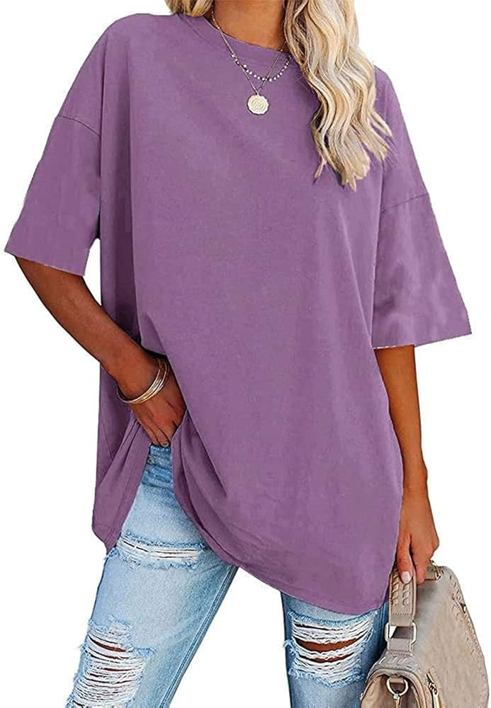 Amazon.com: Womens Oversized T Shirts Summer Short Sleeve Tops Basic Solid Boxy Tee Casual Workou... | Amazon (US)