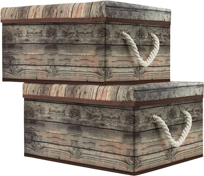 Sorbus Storage Box Set with Lid, Carry Handles, Foldable Frame, Rustic Wood Grain Print Bins, Gre... | Amazon (US)