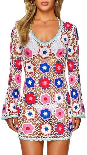 FAIRY SEASON Women's Crochet Beach Cover Up Dress Boho Bell Sleeve 3D Camellia Embroidery for Vac... | Amazon (US)