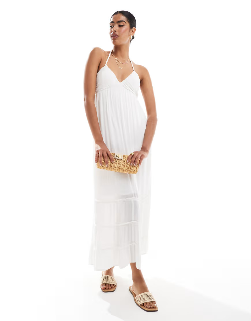 Hollister halterneck maxi dress with tiered hem detail in white | ASOS (Global)