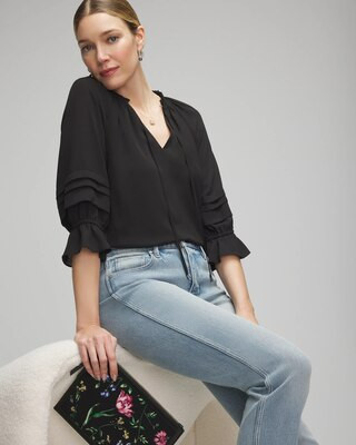 Women's Elbow Sleeve V-Neck Blouse in Black size XXS | White House Black Market, What To Wear To Work | White House Black Market