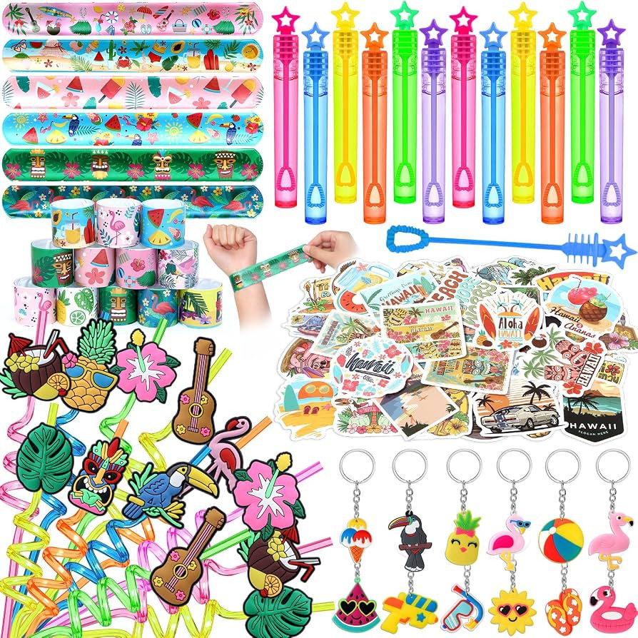 Winrayk 98Pcs Tropical Luau Party Favors Hawaiian Birthday Supplies, Straw Mini Bubble Wand Slap ... | Amazon (US)