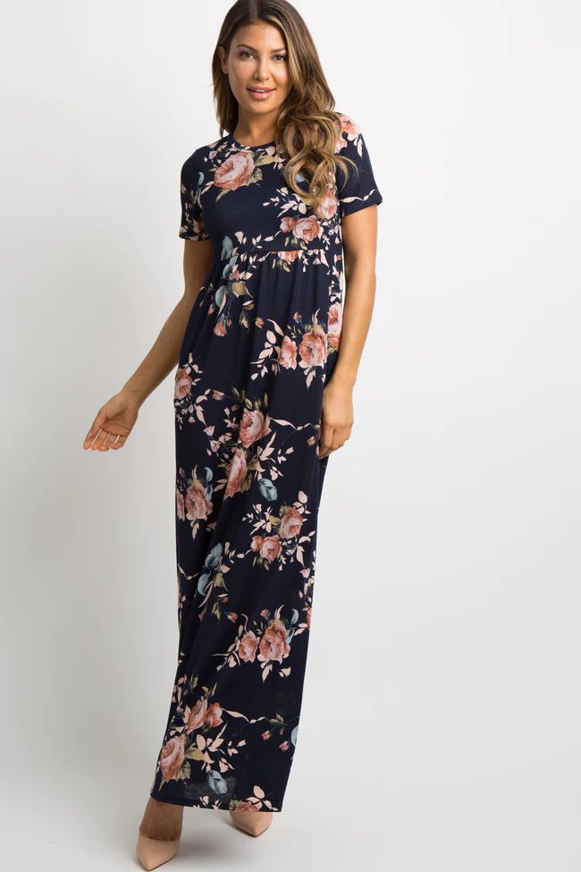 Navy Blue Rose Print Short Sleeve Maternity Maxi Dress | PinkBlush Maternity