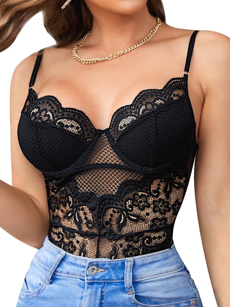 popiv Women Lace Bodysuit Sexy Mesh Teddy Lingerie Cami Bustier Tops Going Out Tank Top | Amazon (US)