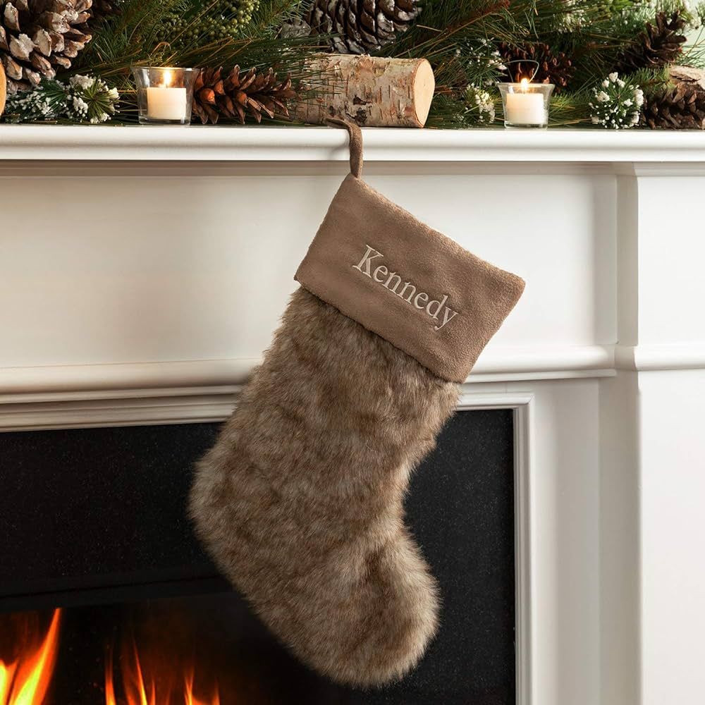 Amazon.com: Personalized Planet Brown Christmas Stocking with Custom Name Embroidery | Faux Fur w... | Amazon (US)