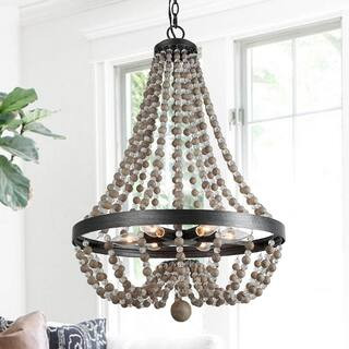 Boho Black Crystal Beaded Chandelier Empire 6-Light Modern Farmhouse Wood Island Basket Pendant L... | The Home Depot